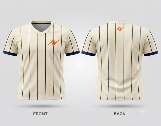 Front and back view of a classic ivory V-neck cricket jersey featuring navy vertical pinstripes, navy sleeve cuffs, and orange chest and back logos.