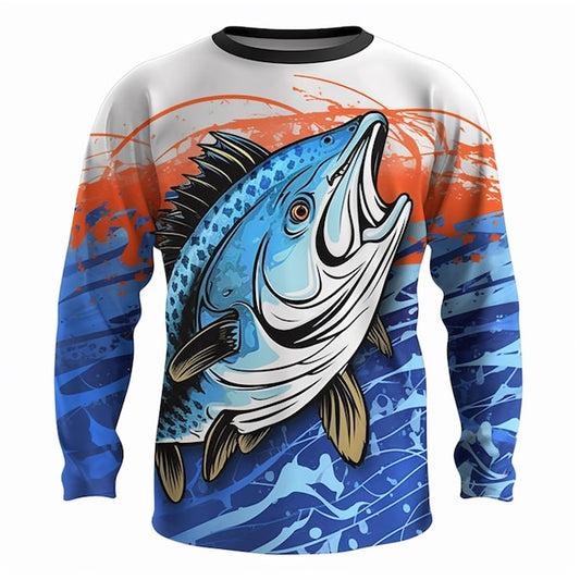 Next Print a close up of a fish on a long sleeved shirt.