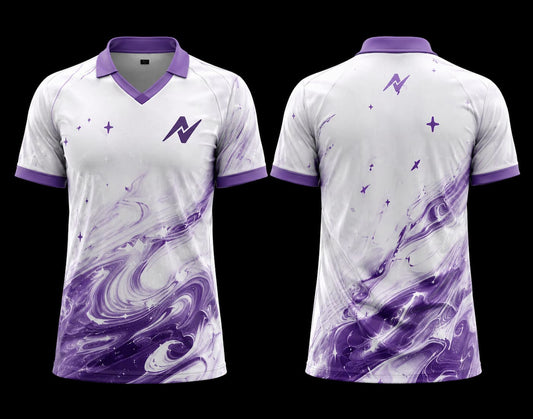 Cloud Wave K-Pop V-Neck Polo Collar Jersey front and back view featuring white and purple marble wave graphics with premium sublimation print.
