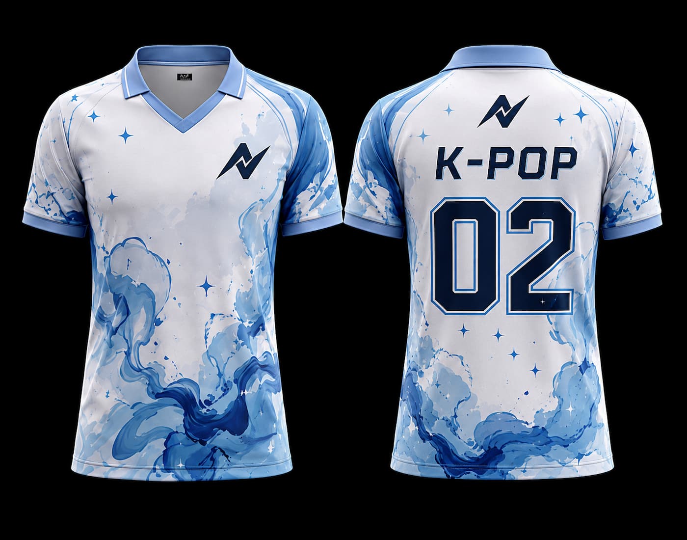 Front and back view of a white and sky blue V-neck polo K-pop jersey featuring watercolor cloud graphics, star details, and premium sublimation printing.