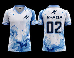 Front and back view of a white and sky blue V-neck polo K-pop jersey featuring watercolor cloud graphics, star details, and premium sublimation printing.