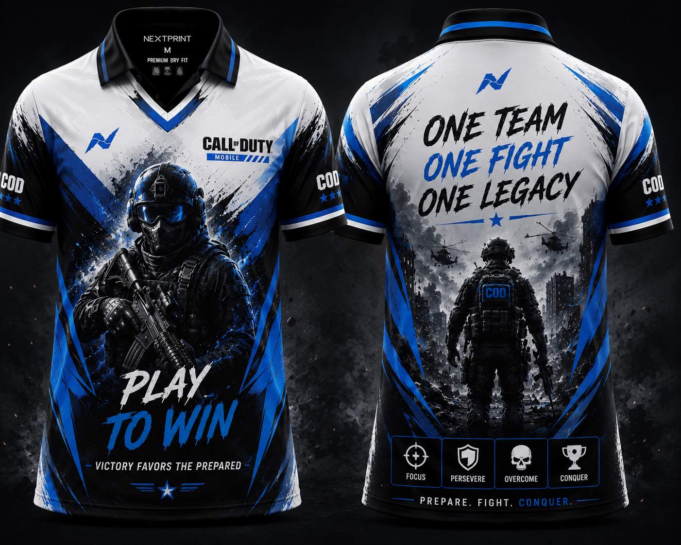 Blue and white Call of Duty inspired esports jersey featuring tactical operator artwork, V-neck polo collar, and motivational gaming text on front and back design.