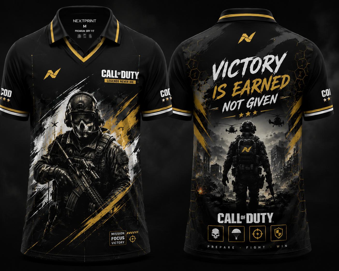 Black and gold tactical esports jersey with military-inspired artwork, V-neck polo collar, and motivational gaming graphics on front and back.