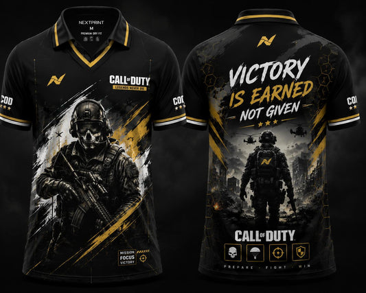 Black and gold tactical esports jersey with military-inspired artwork, V-neck polo collar, and motivational gaming graphics on front and back.