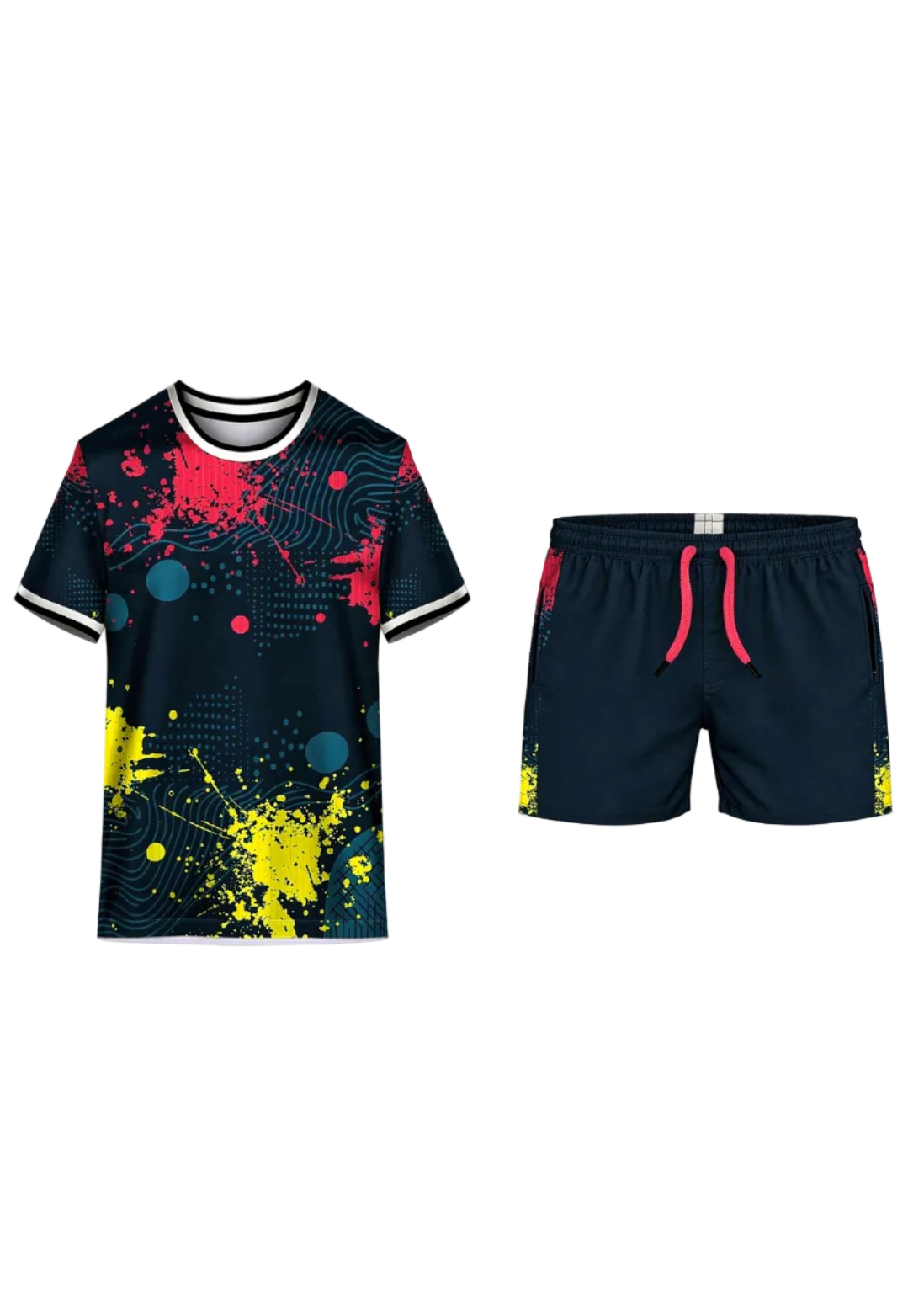 Color splash sports jersey and shorts set with vibrant multicolor splatter design athletic wear for cricket and football training