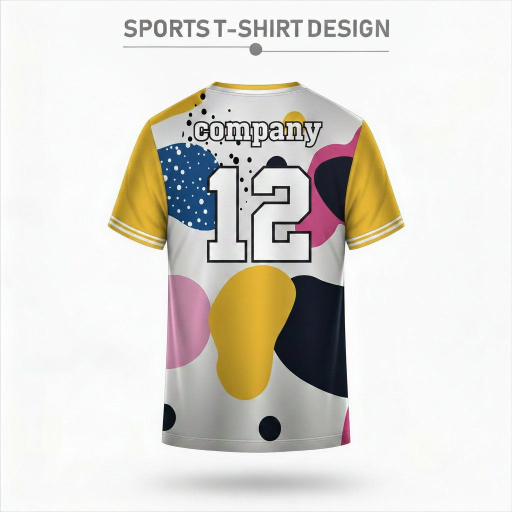 Colorful abstract sports t-shirt back design with yellow sleeves and modern artistic pattern for custom team jersey printing by NextPrint India