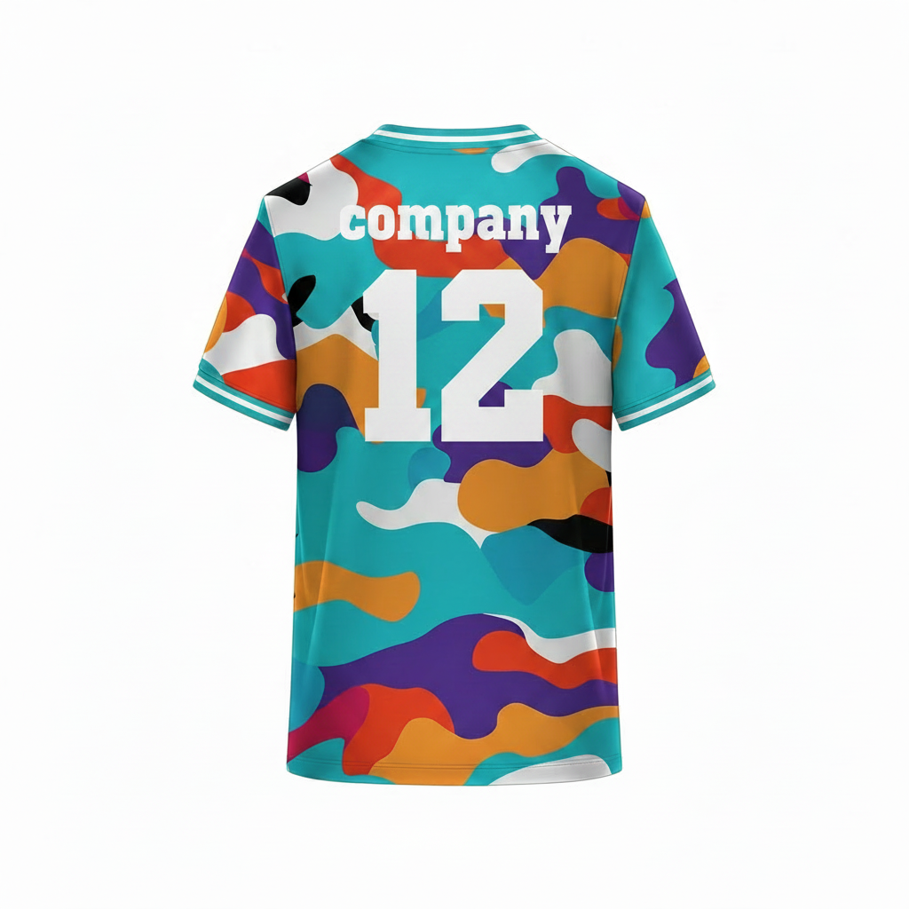 Colorful camouflage sports t-shirt back design with abstract multicolor pattern for custom sublimation team jersey printing by NextPrint India.