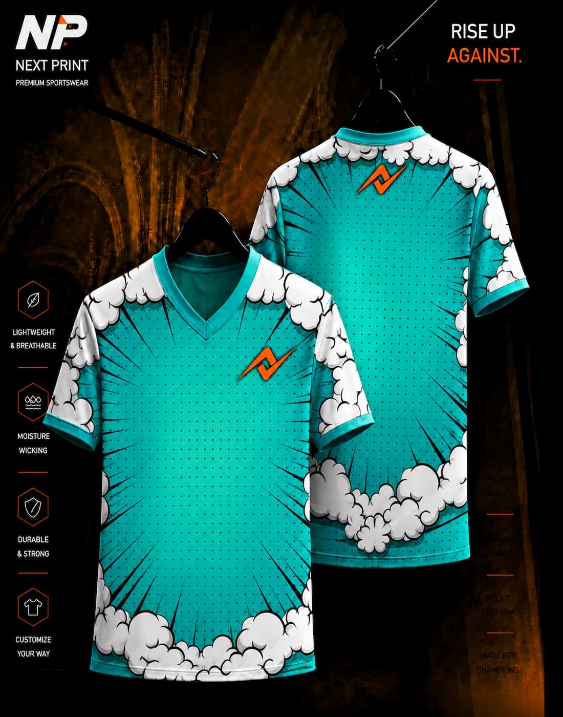 Comic burst teal and white sublimation V-neck sports jersey front and back mockup by Next Print