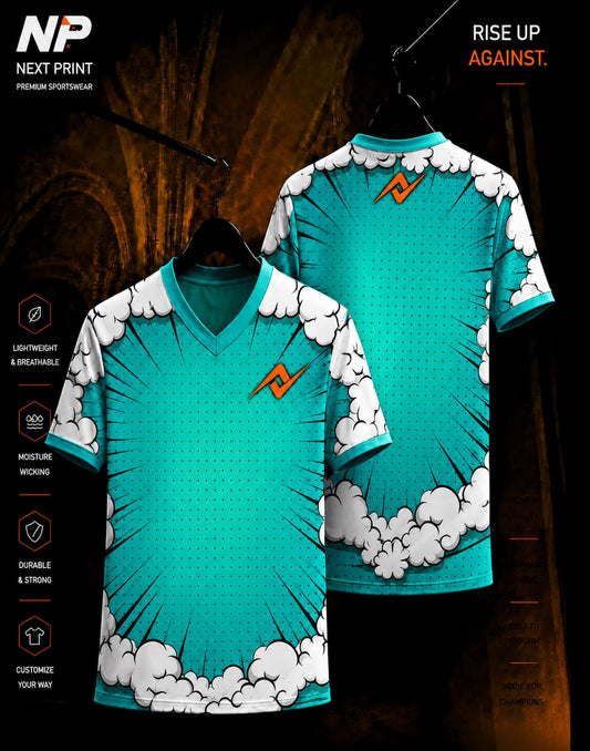 Comic burst teal and white sublimation V-neck sports jersey front and back mockup by Next Print