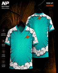 Comic burst teal and white sublimation V-neck sports jersey front and back mockup by Next Print