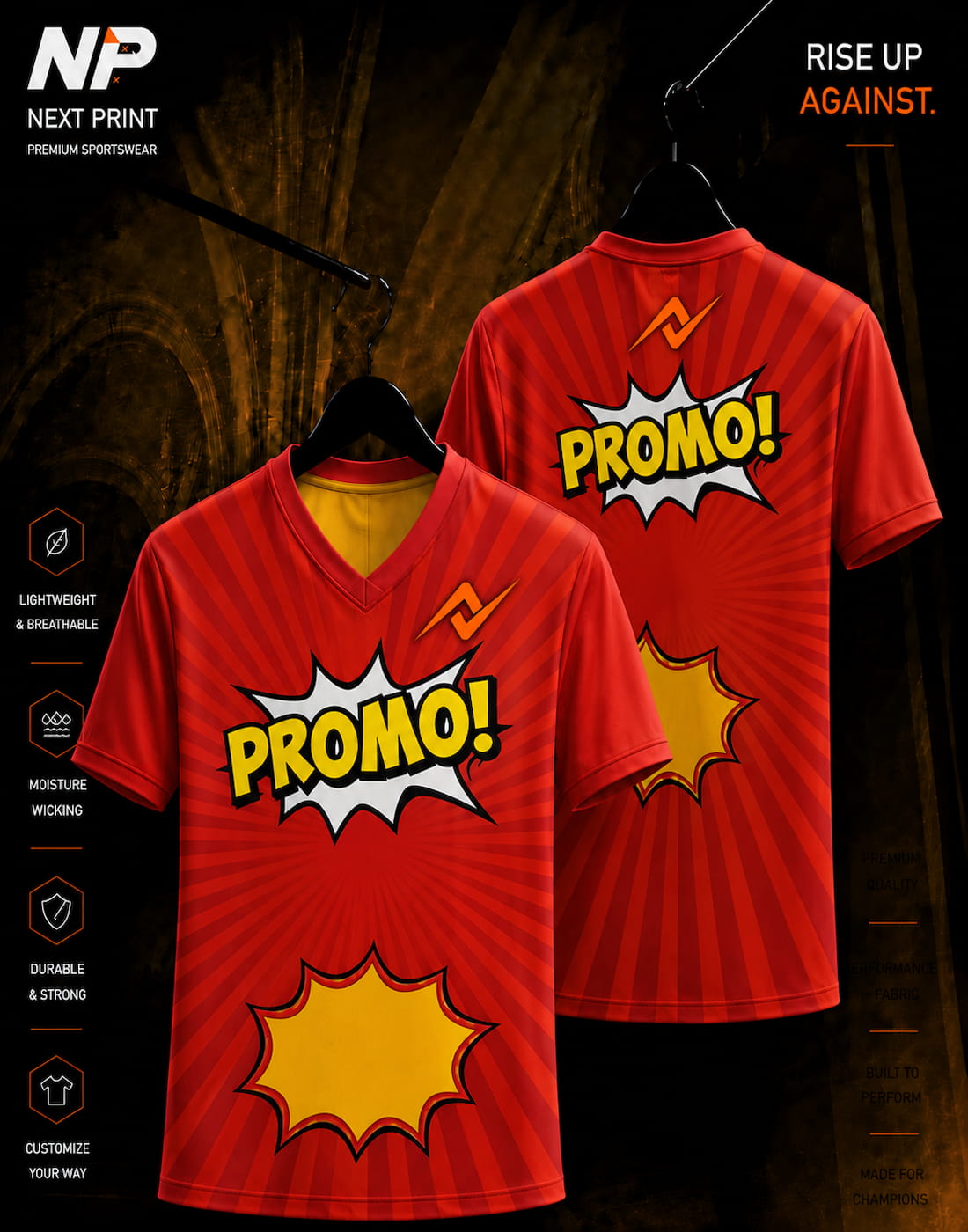 Next Print Comic Pop Promo V-Neck Sports Jersey featuring comic book style graphics with bold red sunburst background and premium sublimation print.