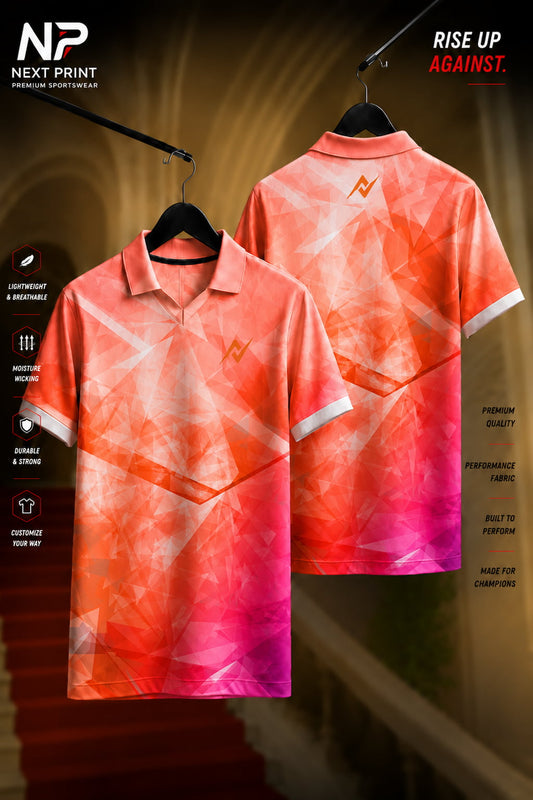 Coral orange and pink polygon pattern polo sports jersey with front and back views, premium dry-fit performance team wear.
