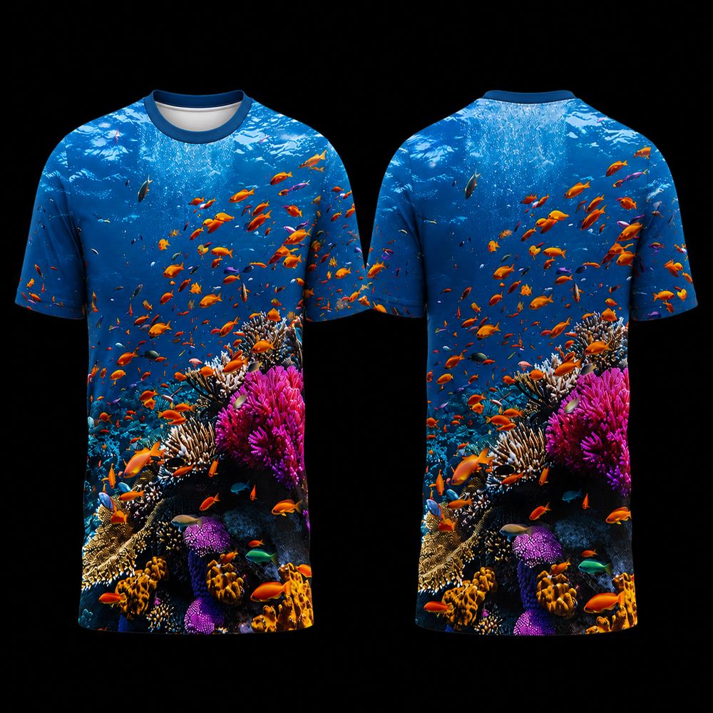 Front and back view of Coral Reef Ocean Sublimation Round Neck Sports Jersey featuring vibrant tropical fish and colorful coral reef underwater artwork by Next Print.