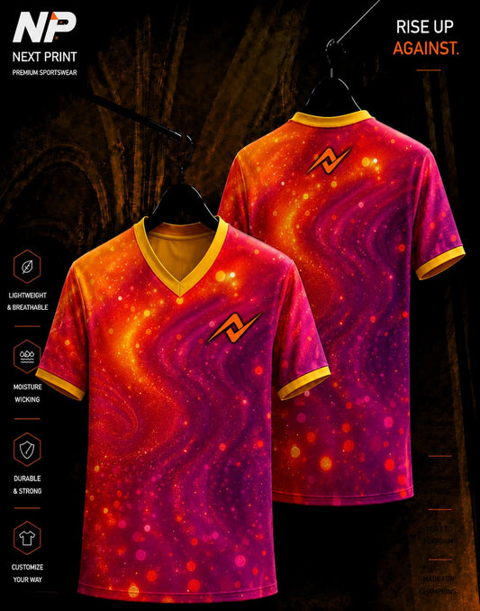 Cosmic fire galaxy red orange and purple sublimation V-neck sports jersey front and back by Next Print