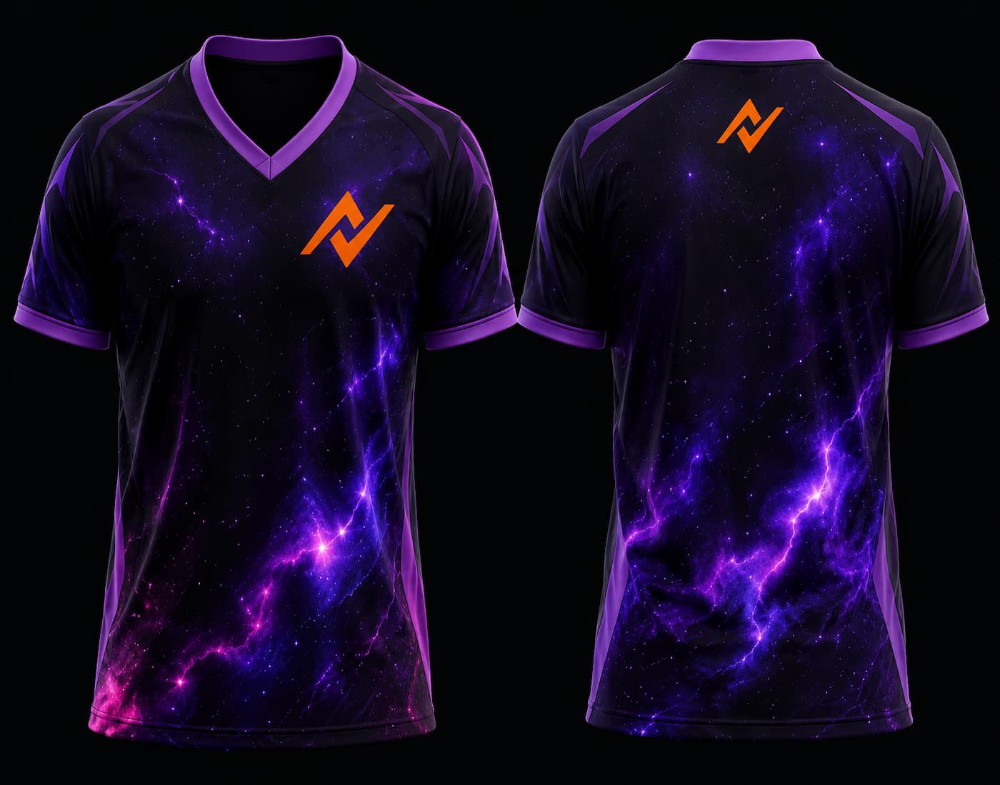 Front and back mockup of a galaxy-themed black and purple V-neck esports jersey featuring cosmic nebula graphics, orange chest logo, and back neck logo.