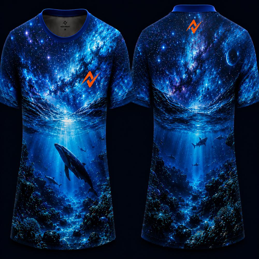 Cosmic Ocean Whale Sublimation Round Neck Sports Jersey featuring galaxy-inspired blue underwater artwork with whales, front and back view.