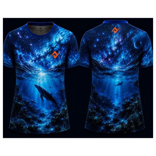 Cosmic Ocean Whale Sublimation Round Neck Sports Jersey featuring galaxy-inspired blue underwater artwork with whales, front and back view.
