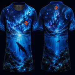 Cosmic Ocean Whale Sublimation Round Neck Sports Jersey featuring galaxy-inspired blue underwater artwork with whales, front and back view.