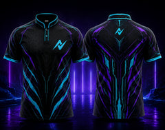 Front and back view of a black esports jersey with cyan and purple futuristic graphics, Chinese collar, orange chest logo, and matching back neck logo.