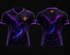 Front and back view of the Cosmic Rift purple galaxy V-neck esports jersey featuring a cosmic space design with custom logo on the chest and below the back collar.