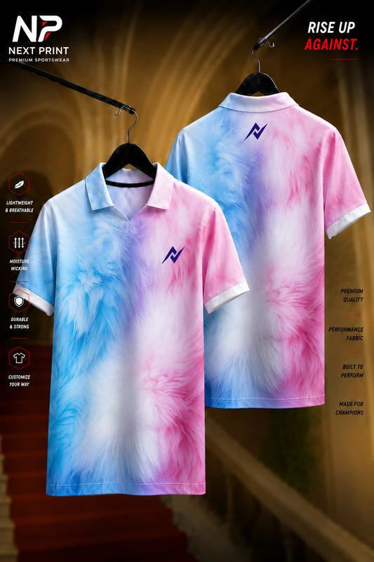 Blue, white, and pink cloud-inspired polo sports jersey shown in front and back views with premium dry-fit performance fabric.