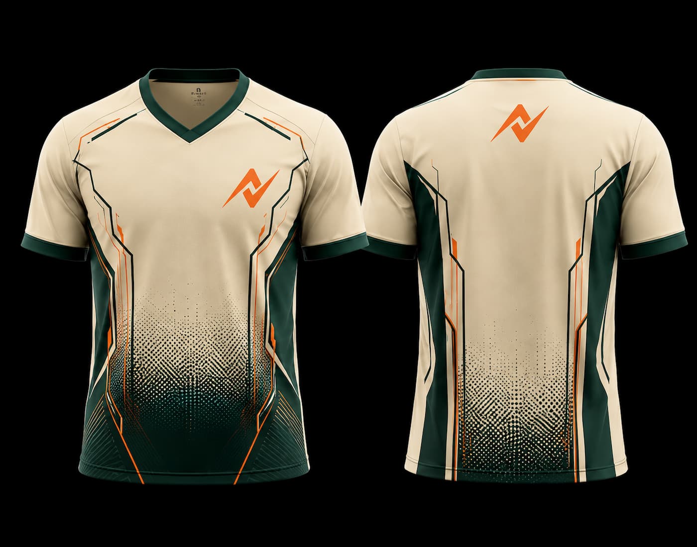 Front and back view of a cream and forest green V-neck esports jersey featuring orange geometric accents, gradient halftone graphics, and a custom logo on the chest and upper back.