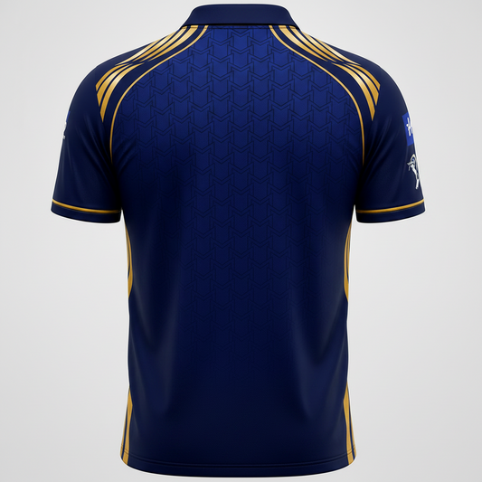Navy blue sports jersey with gold accents on a white background