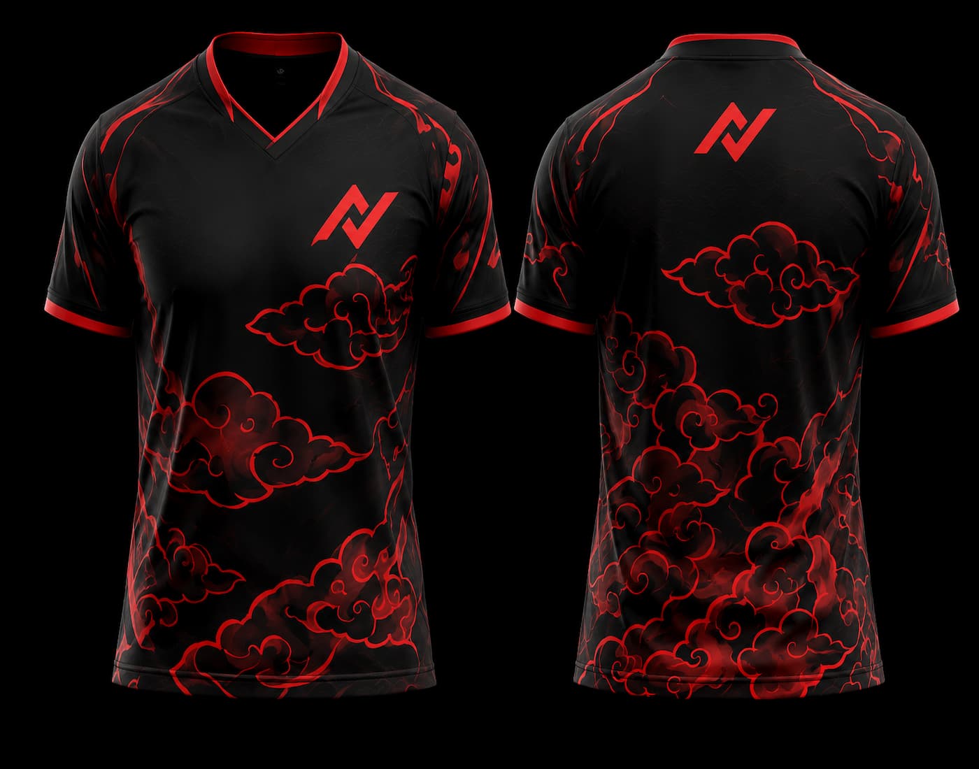 Front and back mockup of a black and red V-neck esports jersey featuring Japanese-inspired crimson cloud graphics with a chest logo and back neck logo.