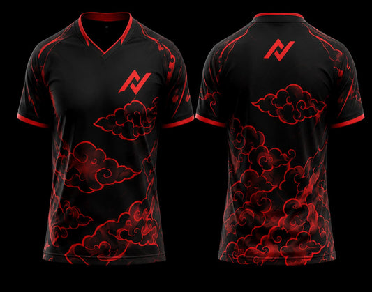 Front and back mockup of a black and red V-neck esports jersey featuring Japanese-inspired crimson cloud graphics with a chest logo and back neck logo.