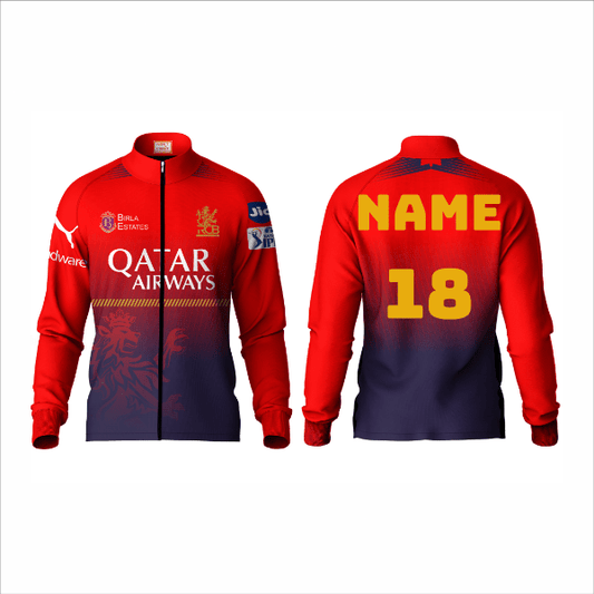 Front and back view of a custom full zip red and navy sports jacket with personalized player name and number.