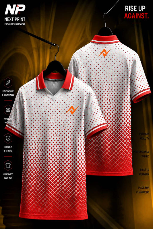 Front and back view of a white and crimson red gradient polo sports jersey with diamond mesh pattern made from premium dry-fit performance fabric.