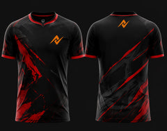 Front and back view of Crimson Fury Free Fire esports jersey featuring black fabric with red brush stroke graphics, round neck collar, and orange logo placement on chest and upper back neck.