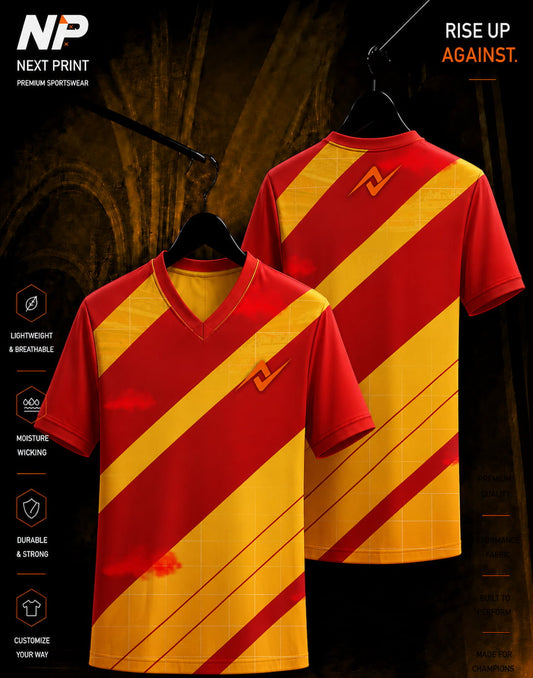 Premium red and gold diagonal striped custom sublimation cricket jersey with high-performance sportswear design.