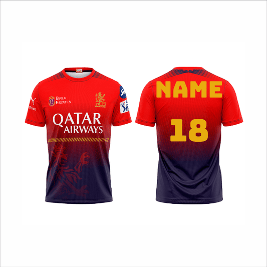 Front and back view of a custom crimson and navy gradient cricket jersey with personalized name and number on the back.