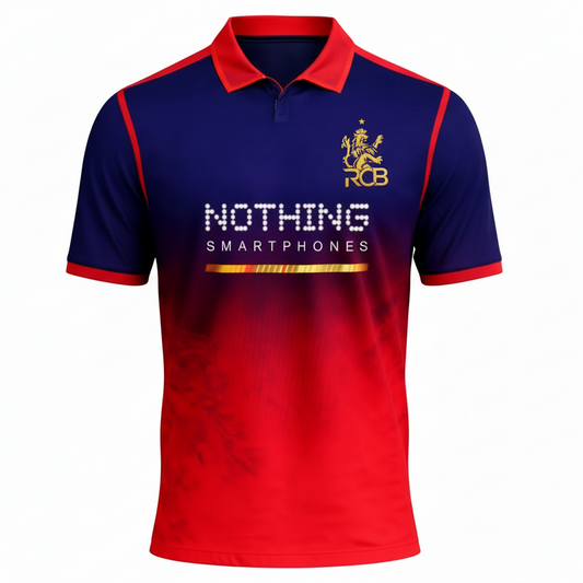 Front view of a custom navy and crimson polo cricket jersey with a modern gradient design and customizable team branding.