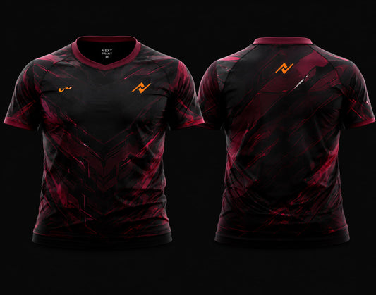 Front and back view of Crimson Phantom premium esports jersey featuring black and crimson red graphics with a round neck collar and professional gaming apparel styling.