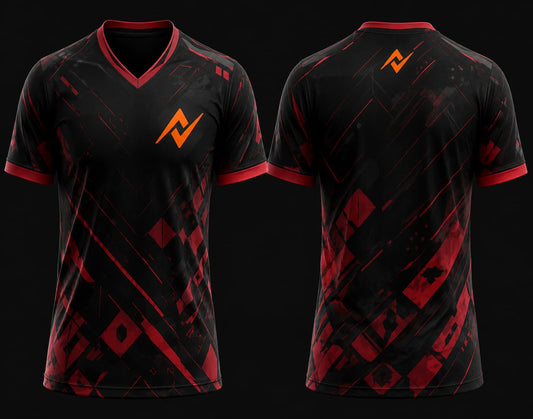 Black and red V-neck esports gaming jersey with futuristic geometric graphics, front and back mockup featuring chest logo and back neck logo.