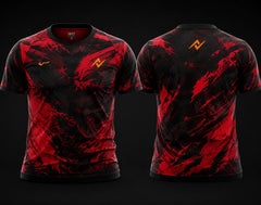 Front and back view of Crimson Reaper premium esports jersey featuring aggressive red and black graphics, round neck collar, and professional gaming apparel styling.