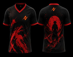 Front and back view of a black and red V-neck esports jersey featuring a dragon graphic on the front, a samurai silhouette beneath a red moon on the back, and an orange logo on the chest and upper back.
