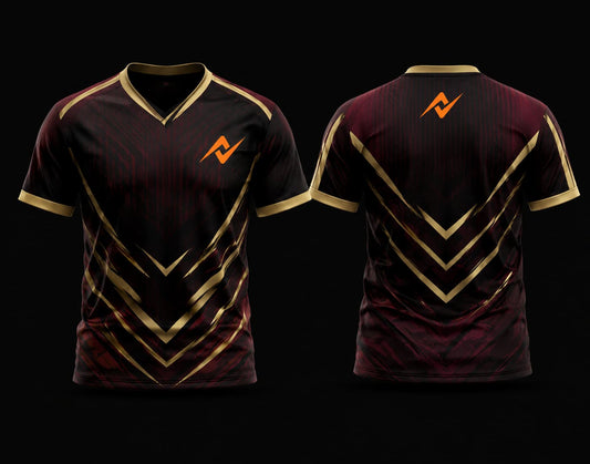 Front and back view of a maroon and gold V-neck cricket jersey featuring premium chevron graphics with custom chest logo and back neck logo.