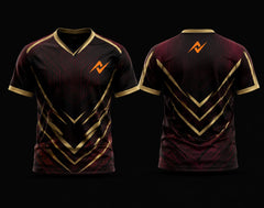 Front and back view of a maroon and gold V-neck cricket jersey featuring premium chevron graphics with custom chest logo and back neck logo.