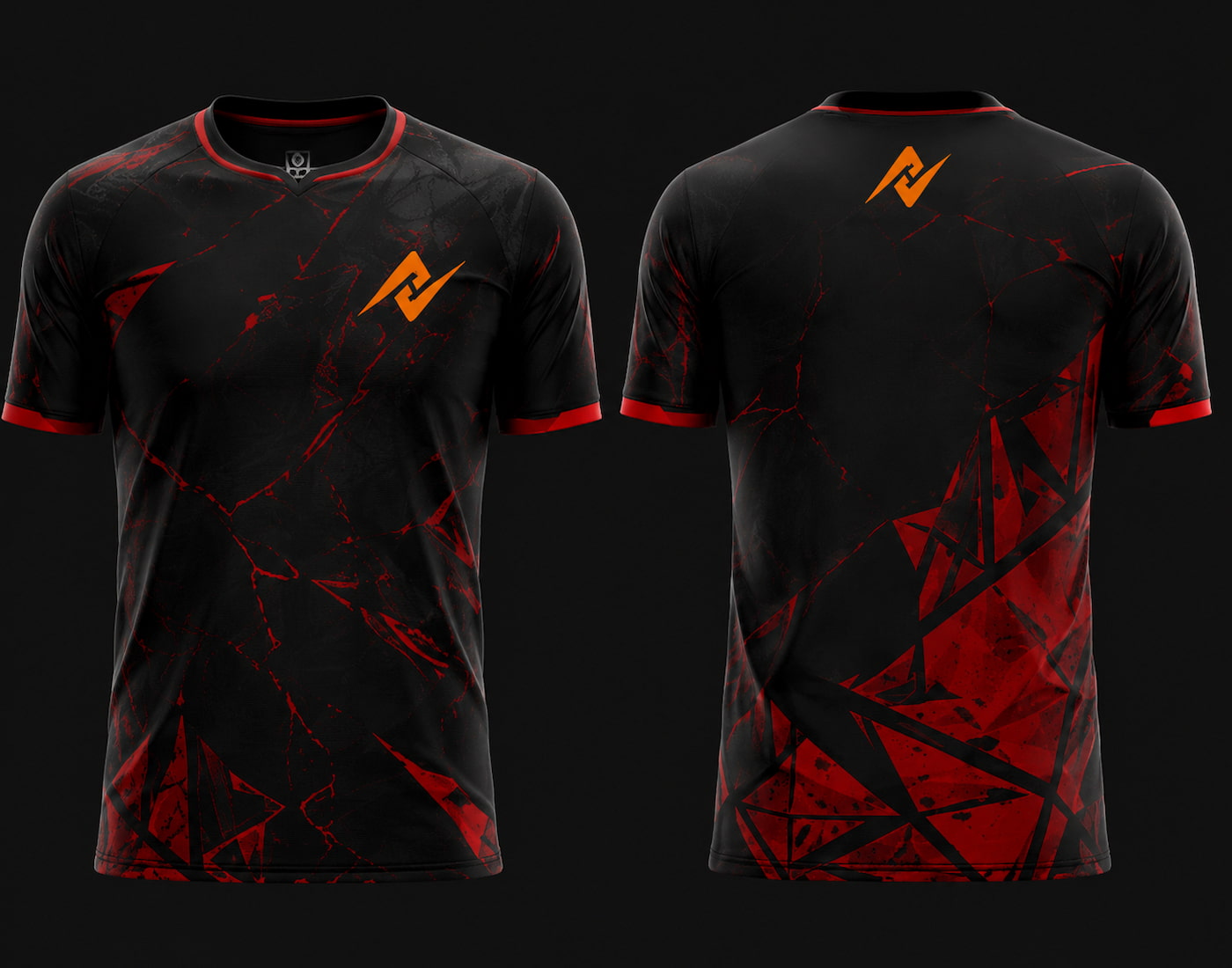 Front and back view of Crimson Shatter Free Fire esports jersey featuring black and red shattered crystal graphics with round neck collar and orange logo placement on chest and upper back neck.