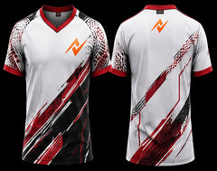 White, red, and black V-neck esports jersey featuring dynamic speed-stripe graphics with front and back views for professional gaming teams.