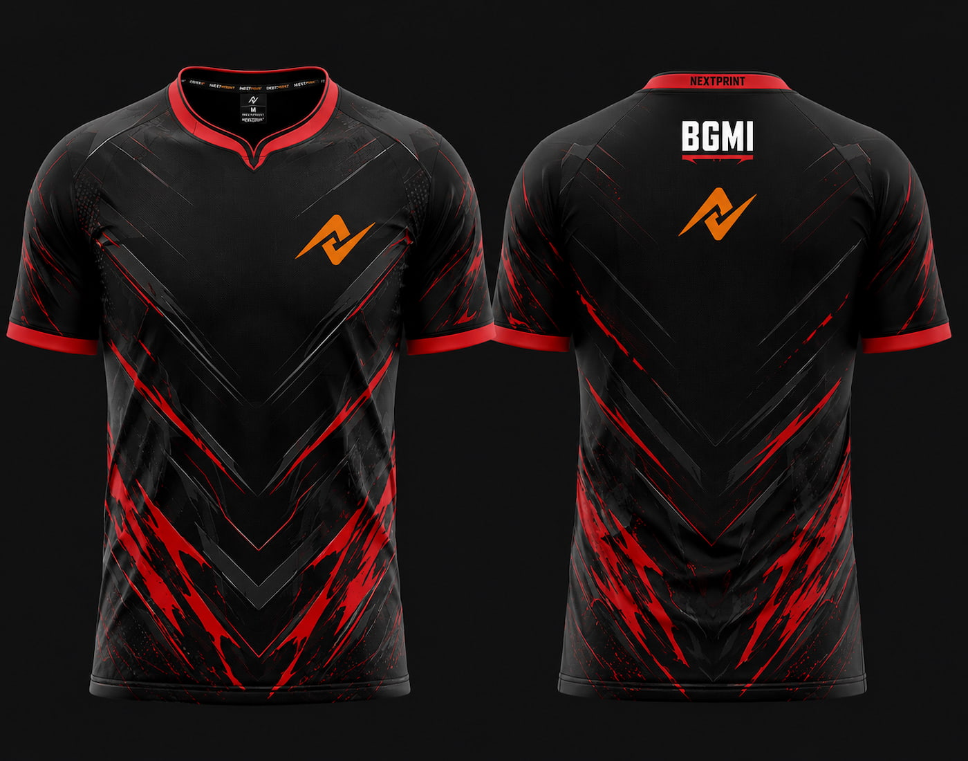 Front and back view of Crimson Vortex BGMI esports jersey featuring black fabric with red energy graphics, round neck collar, and orange logo placement on chest and upper back neck.