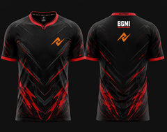 Front and back view of Crimson Vortex BGMI esports jersey featuring black fabric with red energy graphics, round neck collar, and orange logo placement on chest and upper back neck.