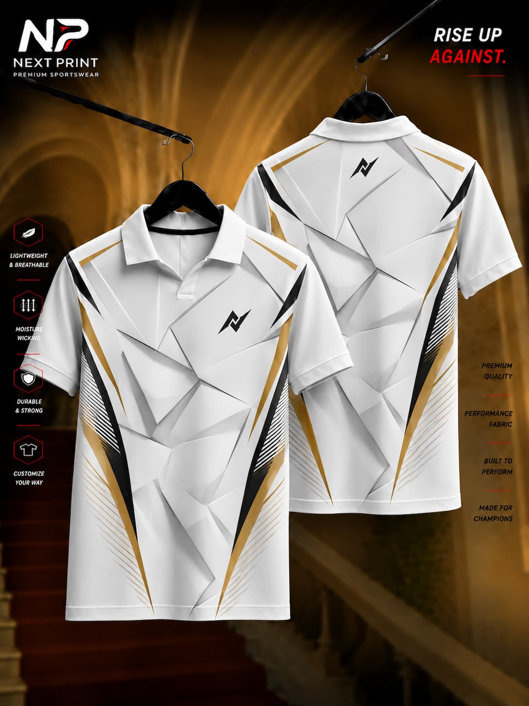 White polo sports jersey with crystal-inspired geometric pattern and black and gold accents, premium dry-fit fabric, front and back view.