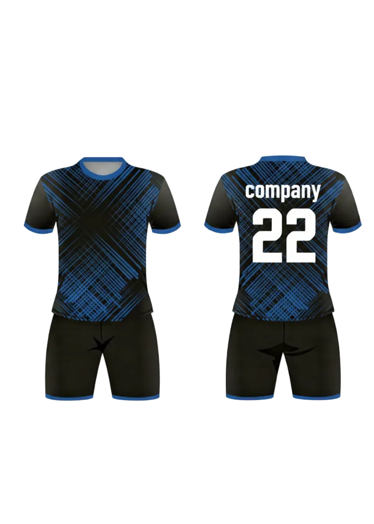 Custom black and blue geometric pattern sports jersey with shorts set for cricket and football team uniform India front and back view round neck