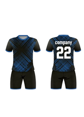 Custom black and blue geometric pattern sports jersey with shorts set for cricket and football team uniform India front and back view round neck