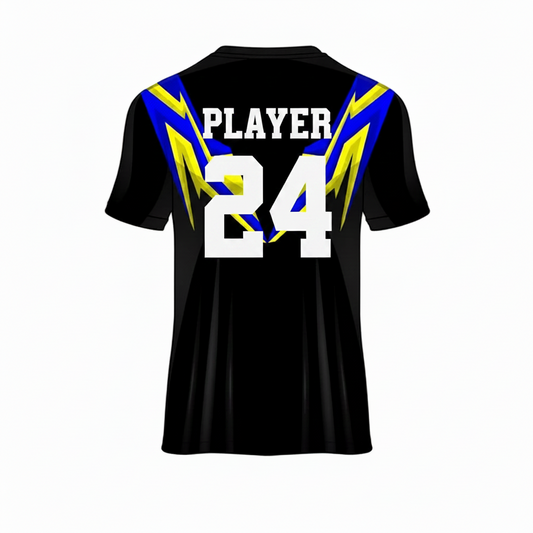 Black blue yellow custom esports jersey back side with player name and number