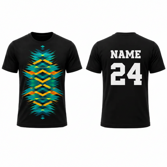 Black blue yellow geometric patterned esports jersey back view